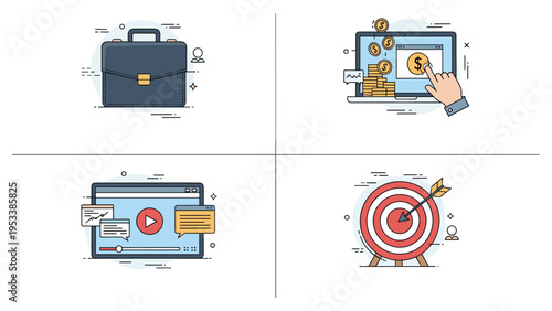 Business management and marketing icon set featuring professional briefcase, financial investment, video content, and target goals.