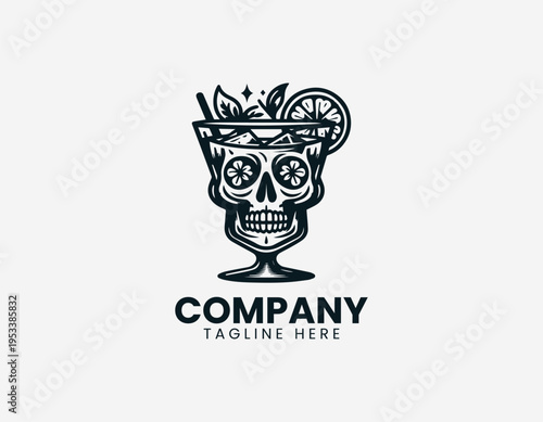 Skull cocktail drink with citrus garnish in clean modern edgy bar vector illustration style
