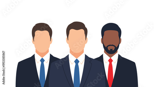 Professional business team portraits of three diverse businessmen wearing dark suits and ties against white background.