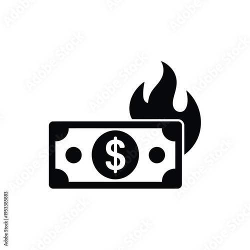 Burning money icon depicting financial loss waste or economic hardship