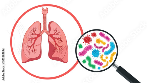 Medical respiratory health concept showing human lungs anatomical diagram and bacteria viruses under magnifying glass.