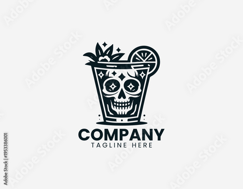 Skull cocktail drink with citrus garnish in clean modern edgy bar vector illustration style