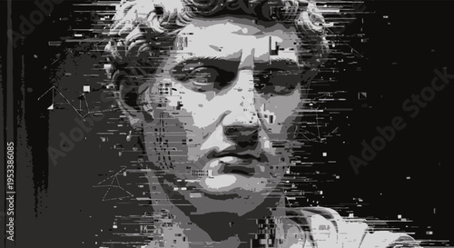 Distressed digital statue of man.