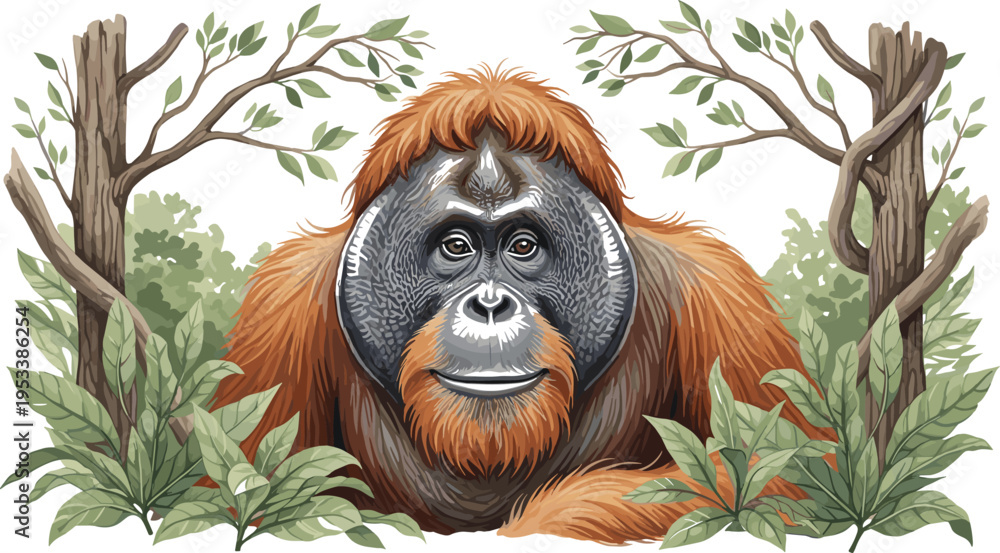 Fototapeta premium Orangutan Portrait Illustration with Jungle Leaves and Trees Detailed Wildlife Primate Animal Design for Nature Conservation Tropical Forest and Educational Graphics