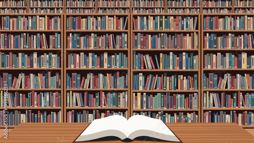 Library interior with large wooden bookshelves filled with colorful books and single open book on table in foreground.