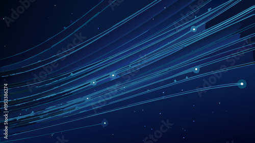 Abstract blue lines and glowing dots against a dark background
