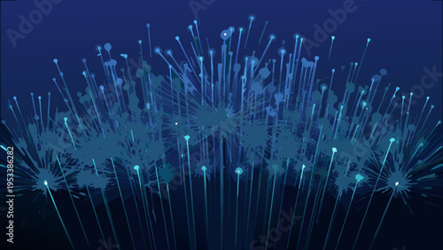 Abstract digital fireworks display with glowing blue and teal light trails