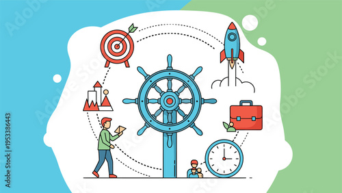 Life and business navigation concept with ship steering wheel surrounded by icons for goals, finance, and family.