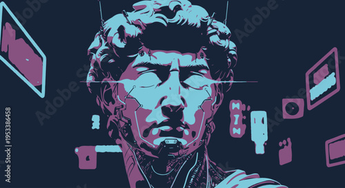 Statue of a man with futuristic eyes.