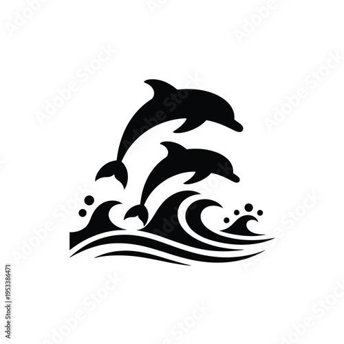 Three dolphins leaping above stylized waves in a black and white design