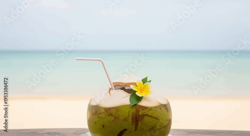 Coconut cocktail on beach with straw and flower