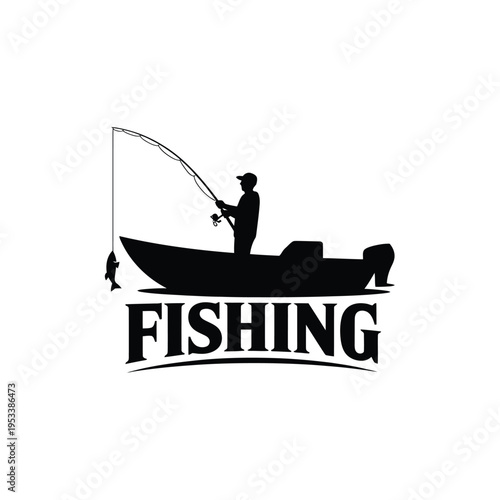 Silhouette of a fisherman in a boat with a caught fish displaying the word fishing