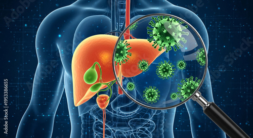 Human internal organs featuring liver and gallbladder with magnifying glass revealing virus particles