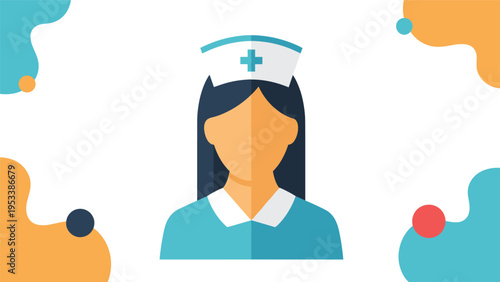 Professional nurse character avatar wearing blue uniform and medical cap with cross against abstract colorful shape background.