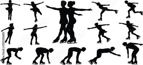 Collection of Figure Skating Silhouettes in Dynamic Poses on White Background ice skating sport