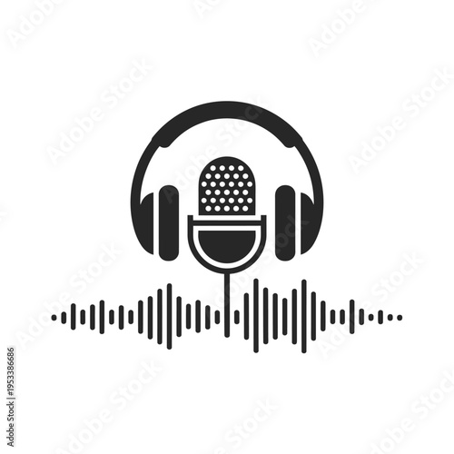 A black silhouette of headphones with a microphone and sound waves below