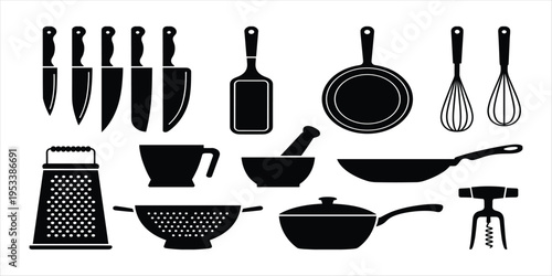Collection of black kitchen utensils and cookware on a white background vector untitled