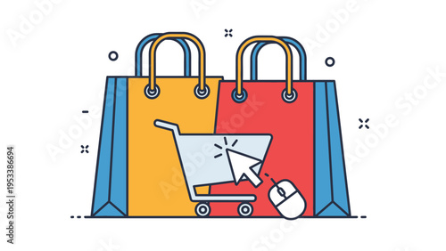 Online shopping concept illustration with colorful shopping bags cart and computer mouse pointer for ecommerce business theme.