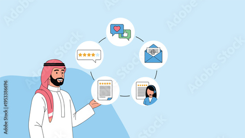 Arab businessman in traditional attire presenting circular customer feedback icons including ratings support and email contact symbols.