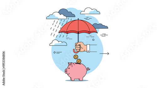 Financial protection concept showing hand holding umbrella over piggy bank to shield savings from stormy weather and rain clouds.