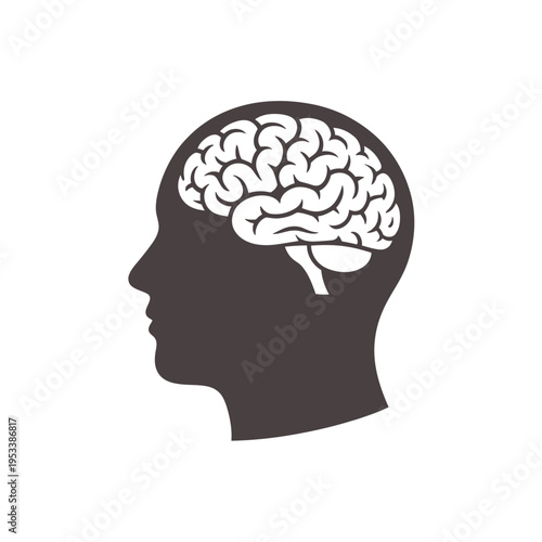 A minimalist depiction of a human head in profile with a detailed brain