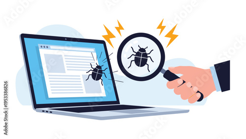 Computer software debugging concept showing magnifying glass inspecting website on laptop to find and fix security vulnerabilities.