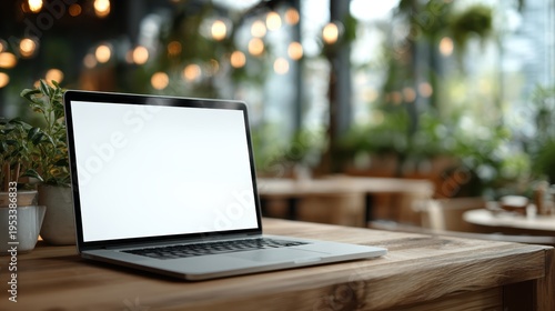 Laptop with blank screen on table in Modern library or bookstore interior with Learning and coworking space,relax zone,Library with rows of bookshelves,school or university,education concept.