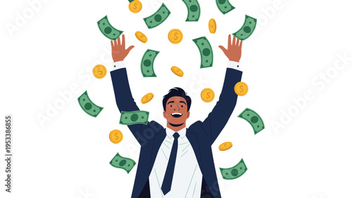 Successful happy businessman with raised arms celebrating under falling rain of green banknotes and gold coins in white background.