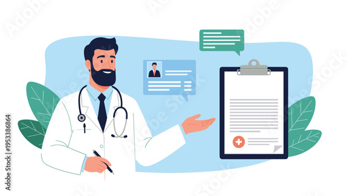 Male doctor with beard and stethoscope presenting patient medical record on clipboard with digital profile information profile.