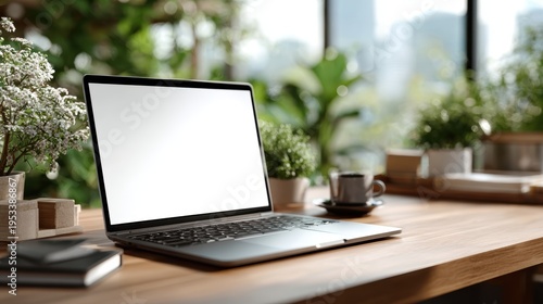 Laptop with blank screen on table in Modern library or bookstore interior with Learning and coworking space,relax zone,Library with rows of bookshelves,school or university,education concept.