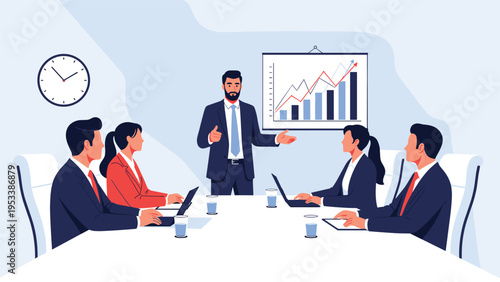 Business team in office meeting listening to leader presenting financial growth chart on whiteboard in professional conference room.