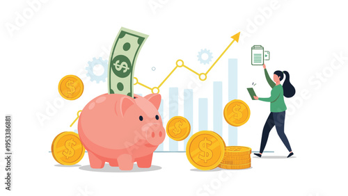 Financial investment and wealth growth illustration with piggy bank money chart and professional woman managing family assets.