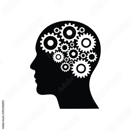 A human head silhouette filled with interlocking gears representing thought processes