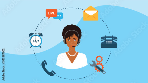 African american female customer support agent with headset surrounded by icons for communication time and repair services team.