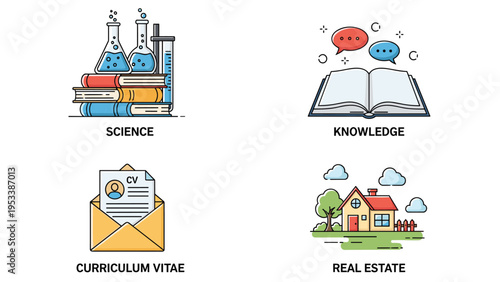 Set of four concept illustrations for science education curriculum vitae and real estate market themes with labels in flat design.