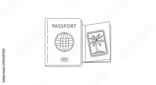 Vector illustration of open passport with globe and palm tree visa