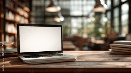 Laptop with blank screen on table in Modern library or bookstore interior with Learning and coworking space,relax zone,Library with rows of bookshelves,school or university,education concept.