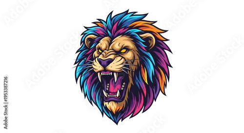 Fierce Lion Head With Colorful Mane Roaring Aggressively.