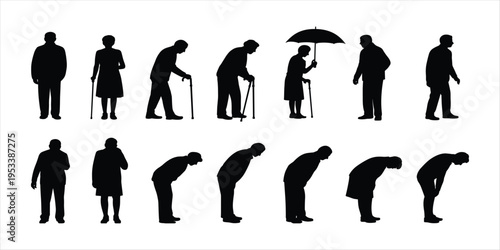Elderly People Silhouettes Standing and Bowing on White Background senior