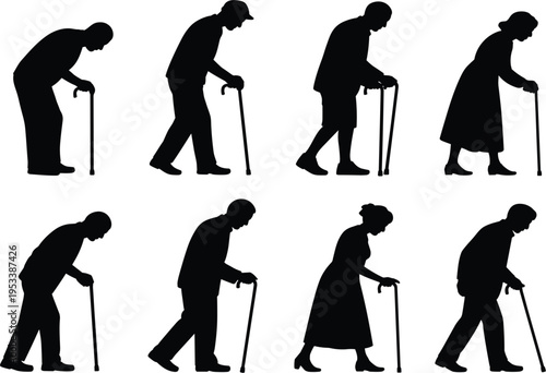 Elderly People Silhouettes with Canes on White Background woman