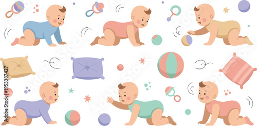 Baby Crawling Collection with Newborn Infants Playing Moving and Exploring with Toys in Soft Cartoon Vector Illustration Style.