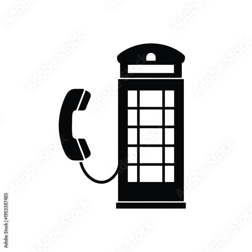 A simple black silhouette illustration of a classic british telephone box