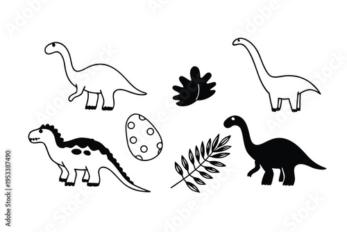 Dinosaur drawings with plants and egg