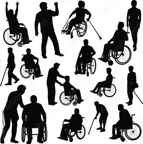 disabled people silhouettes, wheelchair users, mobility aid, inclusive community, disability awareness, accessibility concept, rehabilitation, support, diversity, social care
