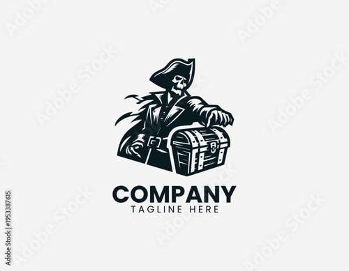 Classic pirate with treasure chest in bold adventure themed black vector logo illustration style