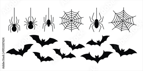 Halloween Spiders and Bats Silhouettes on White Background vector illustration
