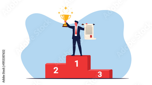 Successful professional man in a suit standing on a first-place red podium holding a golden trophy and a certificate in celebration of victory.