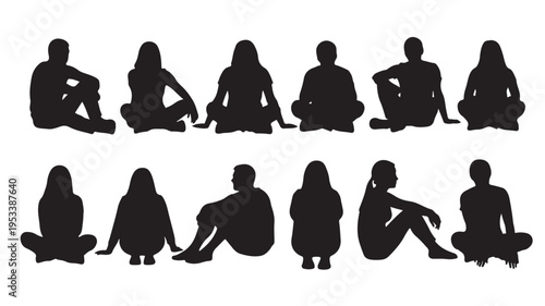 Set of 10 sitting people silhouettes vector