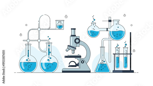 Detailed scientific laboratory scene featuring complex glassware connected by tubes with blue liquid and a professional microscope on a bench.