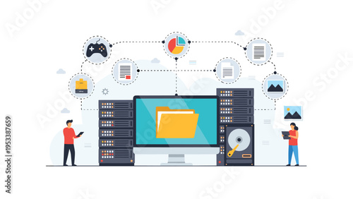 Data storage and cloud computing concept showing a large file folder on a computer screen surrounded by various digital media and file icons.